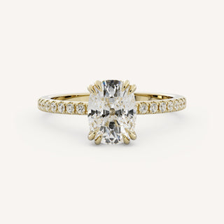 1.50–3.50 CT elongated cushion cut lab grown diamond engagement ring with pave band in 14K gold, featuring soft curves and brilliance.