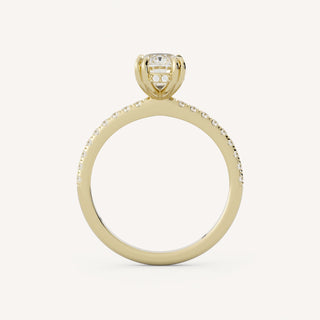 1.50–3.50 CT elongated cushion cut lab grown diamond engagement ring with pave band in 14K gold, featuring soft curves and brilliance.