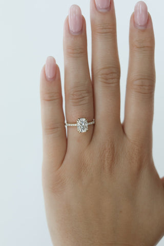 1.50–3.50 CT elongated cushion cut lab grown diamond engagement ring with pave band in 14K gold, featuring soft curves and brilliance.