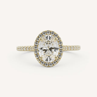 1.20–3.50 CT oval cut lab grown diamond engagement ring with halo and pave band in 14K gold, offering radiant sparkle and grace.