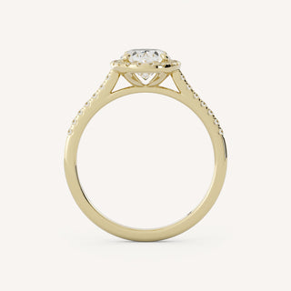 1.20–3.50 CT oval cut lab grown diamond engagement ring with halo and pave band in 14K gold, offering radiant sparkle and grace.