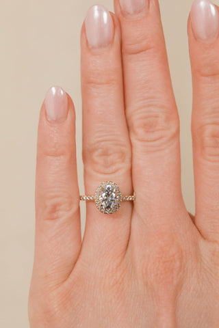 1.20–3.50 CT oval cut lab grown diamond engagement ring with halo and pave band in 14K gold, offering radiant sparkle and grace.