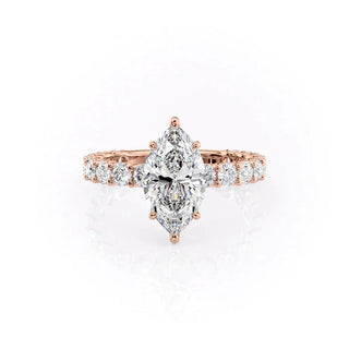 3 to 7 carat marquise CVD diamond ring with hidden halo and pave setting.