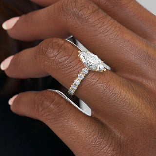 3 to 7 carat marquise CVD diamond ring with hidden halo and pave setting.