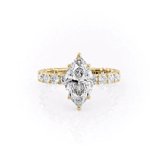 3 to 7 carat marquise CVD diamond ring with hidden halo and pave setting.