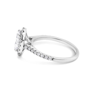 Oval lab grown CVD diamond engagement ring with halo and pave design – 1.02 to 3.0 CT range.