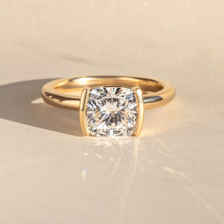 1.0-3.0CT Cushion  Lab Grown Diamond Half Bezel Style Engagement Ring