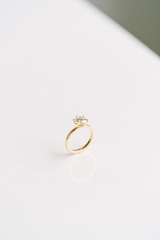 Round lab grown diamond solitaire engagement ring in prong setting, crafted in 14K gold for timeless and ethical elegance.