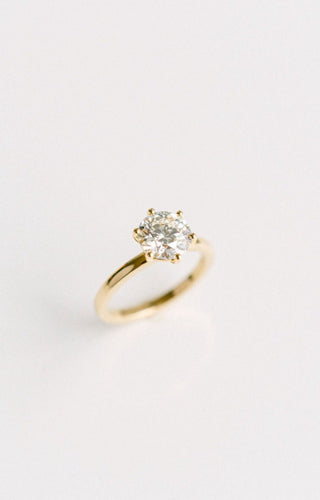 Round lab grown diamond solitaire engagement ring in prong setting, crafted in 14K gold for timeless and ethical elegance.