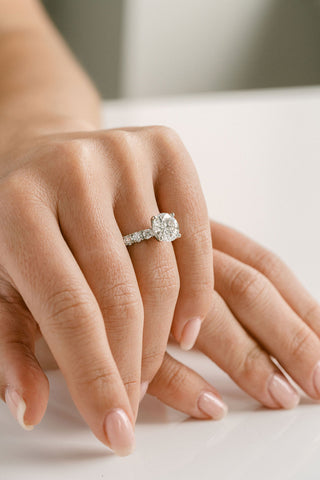 Round lab grown diamond engagement ring with pave band in 14K gold, designed for maximum brilliance and modern elegance.