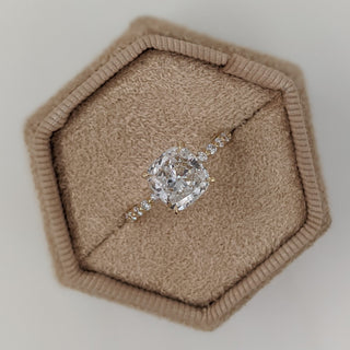 Cushion cut lab grown diamond engagement ring with pave band in 14K gold, featuring soft corners and radiant sparkle.