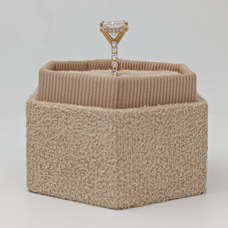 Cushion cut lab grown diamond engagement ring with pave band in 14K gold, featuring soft corners and radiant sparkle.