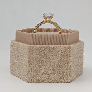 Cushion cut lab grown diamond engagement ring with pave band in 14K gold, featuring soft corners and radiant sparkle.