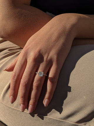 Cushion cut lab grown diamond engagement ring with pave band in 14K gold, featuring soft corners and radiant sparkle.