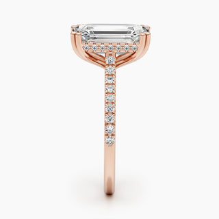 Emerald cut lab grown diamond engagement ring with wide pave band in 14K gold, showcasing clean lines and radiant sparkle.
