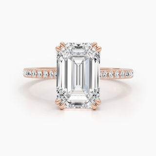 Emerald cut lab grown diamond engagement ring with wide pave band in 14K gold, showcasing clean lines and radiant sparkle.