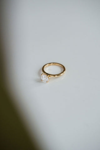 Round lab grown diamond solitaire engagement ring in 14K gold with sleek prong setting, handcrafted for timeless elegance.