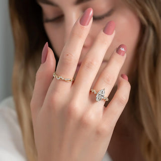1.0–3.0 CT marquise cut CVD diamond engagement ring with pave setting in 14K gold, designed for elegant, eye-catching sparkle.