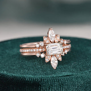 2.0 CT Emerald Cut Solitaire Pave Setting Moissanite Bridal Ring Set - violetjewels