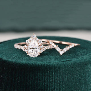 1.50 CT Pear Cut Cluster Art Deco Moissanite Bridal Ring Set - violetjewels