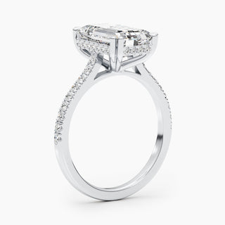 Emerald cut lab grown diamond engagement ring with wide pave band in 14K gold, showcasing clean lines and radiant sparkle.