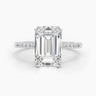 Emerald cut lab grown diamond engagement ring with wide pave band in 14K gold, showcasing clean lines and radiant sparkle.