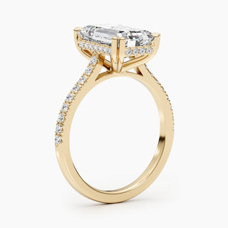 Emerald cut lab grown diamond engagement ring with wide pave band in 14K gold, showcasing clean lines and radiant sparkle.