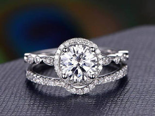 1.5 CT Round Cut Halo Pave Setting Moissanite Bridal Ring Set - violetjewels