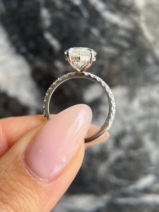 Marquise lab grown diamond engagement ring with hidden halo setting and pave band in 14K gold, elegant and ethically handcrafted.
