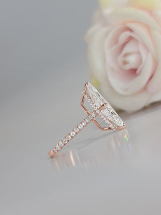 Marquise CVD diamond engagement ring with hidden halo and pave setting, 3 to 7 carats.