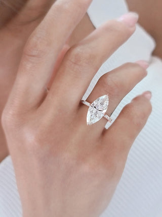 Marquise CVD diamond engagement ring with hidden halo and pave setting, 3 to 7 carats.