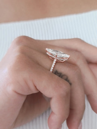 Marquise CVD diamond engagement ring with hidden halo and pave setting, 3 to 7 carats.
