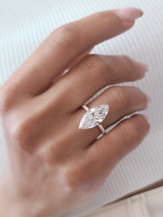 Marquise CVD diamond engagement ring with hidden halo and pave setting, 3 to 7 carats.