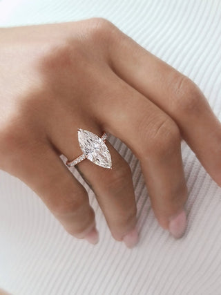 Marquise CVD diamond engagement ring with hidden halo and pave setting, 3 to 7 carats.