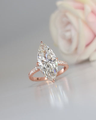 Marquise CVD diamond engagement ring with hidden halo and pave setting, 3 to 7 carats.