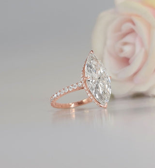 Marquise CVD diamond engagement ring with hidden halo and pave setting, 3 to 7 carats.