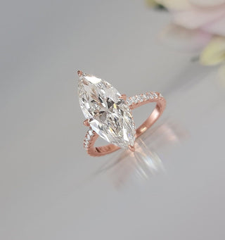 Marquise CVD diamond engagement ring with hidden halo and pave setting, 3 to 7 carats.