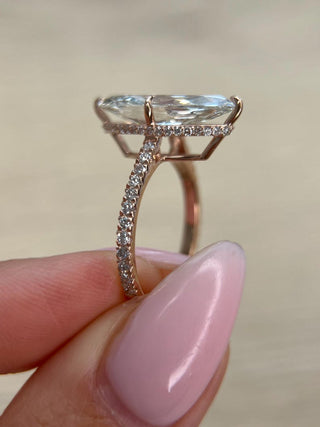 Marquise lab grown diamond engagement ring with hidden halo detail and pave band in gold, ethically crafted for timeless brilliance.