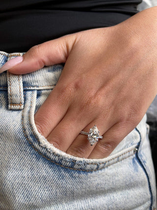 Marquise lab grown diamond engagement ring with hidden halo detail and pave band in gold, ethically crafted for timeless brilliance.