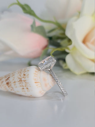 Radiant Hidden Halo Lab Grown Diamond Engagement Ring with sparkling pave band and halo detail