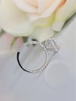 Radiant Hidden Halo Lab Grown Diamond Engagement Ring with sparkling pave band and halo detail