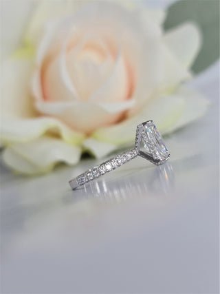 Radiant Hidden Halo Lab Grown Diamond Engagement Ring with sparkling pave band and halo detail