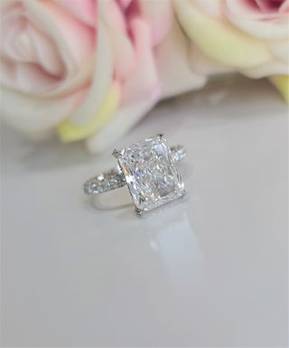 Radiant Hidden Halo Lab Grown Diamond Engagement Ring with sparkling pave band and halo detail