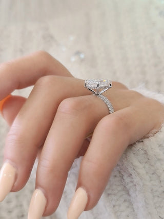 Radiant Hidden Halo Lab Grown Diamond Engagement Ring with sparkling pave band and halo detail