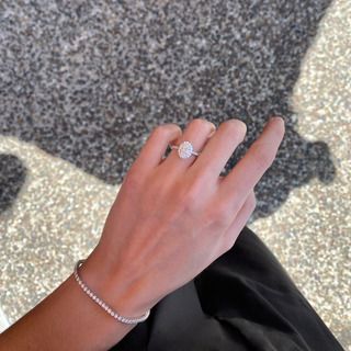 Oval lab grown CVD diamond engagement ring with halo and pave design – 1.02 to 3.0 CT range.