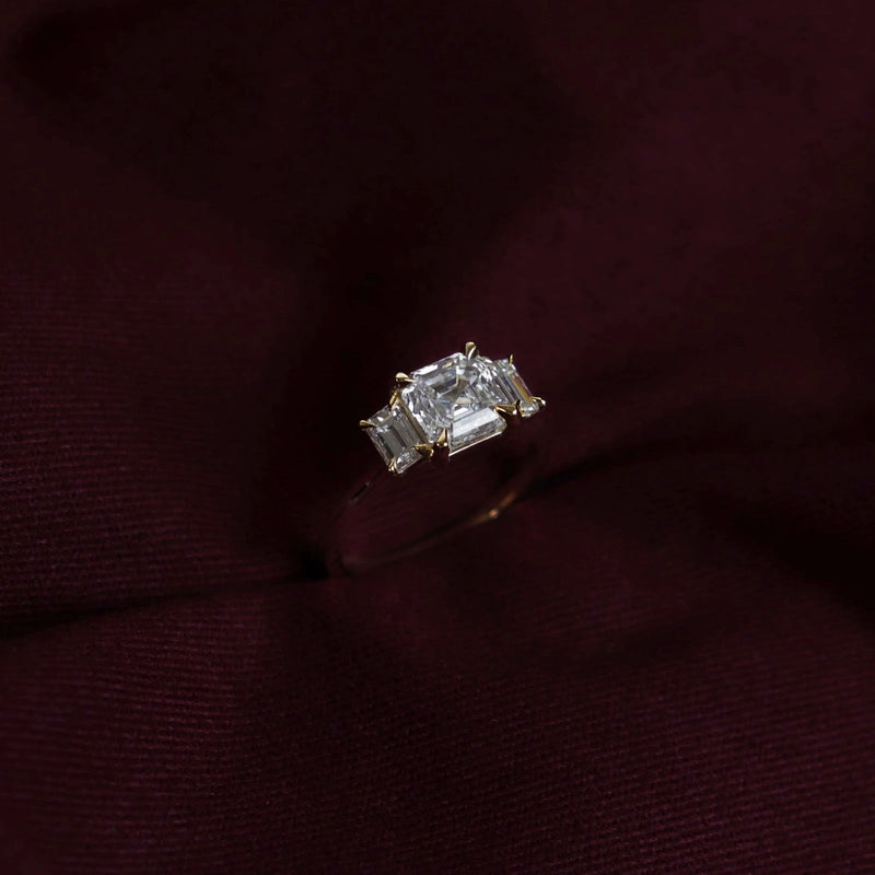 Asscher Diamond Baguette Three Stone Engagement Ring