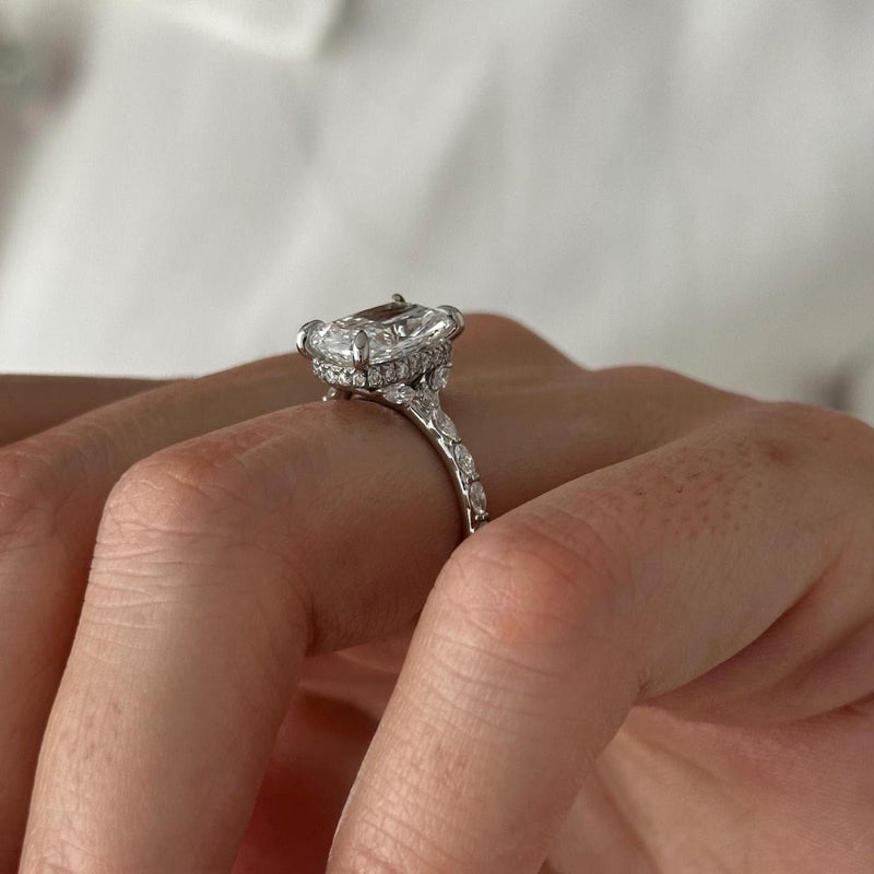 Elongated Cushion Diamond Dainty Hidden Halo Pavé Engagement Ring