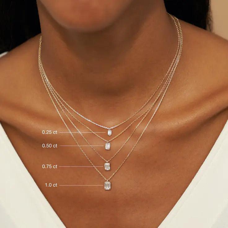 0.25-1.0ct Emerald-Cut Solitaire Moissanite Diamond Layering Necklace - violetjewels