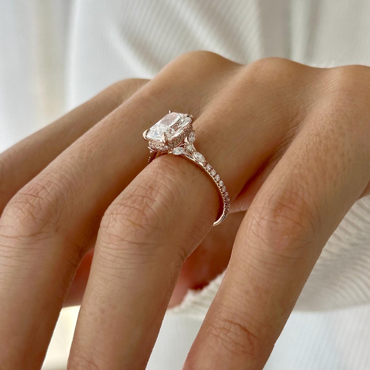 2.0 CT Elongated Cushion Diamond Pure Hidden Halo Pavé Engagement Ring