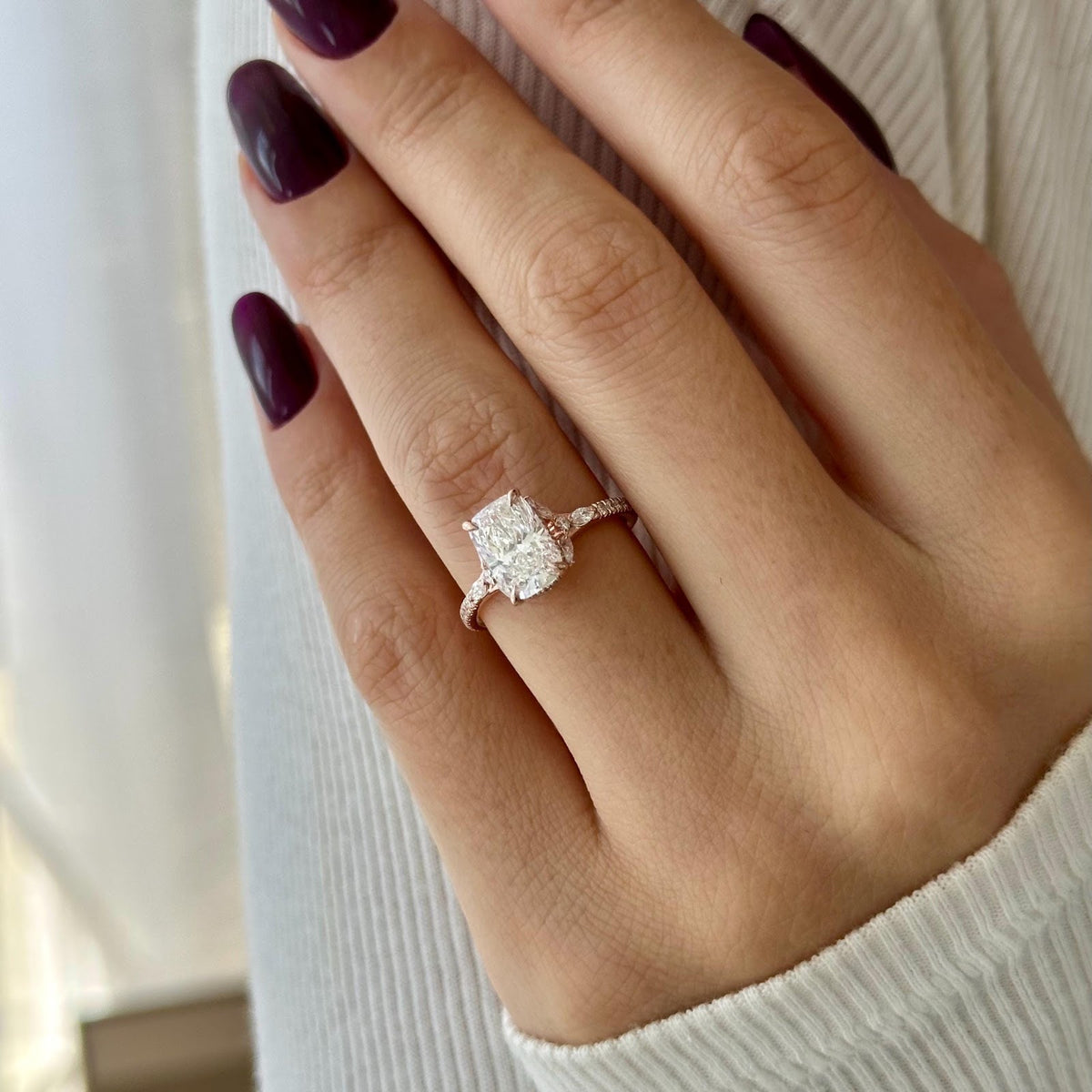 2.0 CT Elongated Cushion Diamond Pure Hidden Halo Pavé Engagement Ring